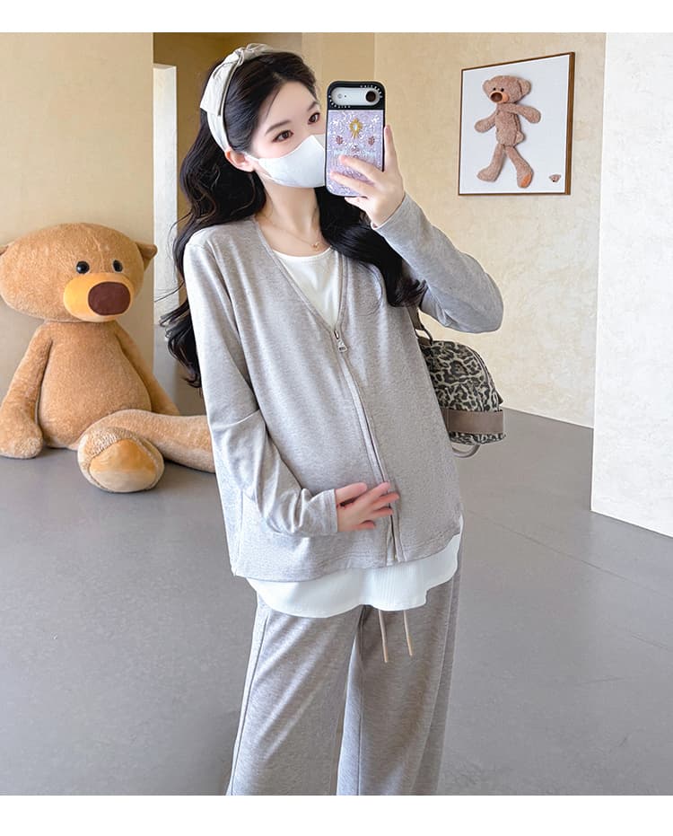 지금 실사 가을 새로운 한 부서 루즈핏 패치워크 페이크 레이어드 후드티 임산부 세트 투피스 세트 상세 이미지 20
