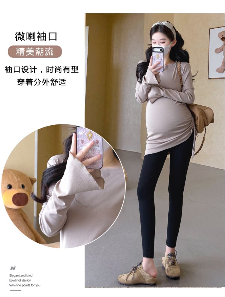 지금 실사 가을 새로운 높은 탄력성 슬림해 보이는 밑단 펌프 로프 다용도 티셔츠 임산부 기본 셔츠 상세 이미지 7