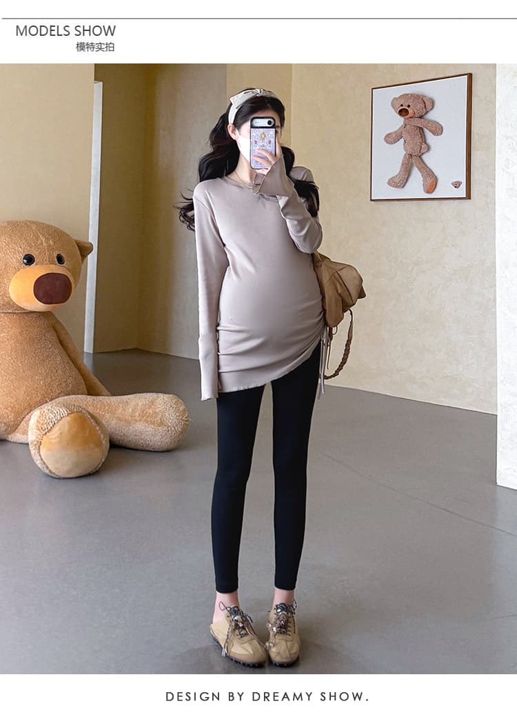 지금 실사 가을 새로운 높은 탄력성 슬림해 보이는 밑단 펌프 로프 다용도 티셔츠 임산부 기본 셔츠 상세 이미지 12