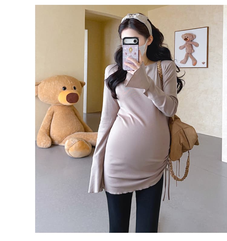 지금 실사 가을 새로운 높은 탄력성 슬림해 보이는 밑단 펌프 로프 다용도 티셔츠 임산부 기본 셔츠 상세 이미지 16