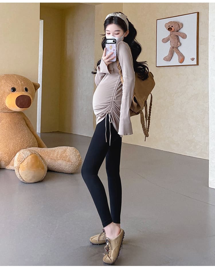 지금 실사 가을 새로운 높은 탄력성 슬림해 보이는 밑단 펌프 로프 다용도 티셔츠 임산부 기본 셔츠 상세 이미지 25