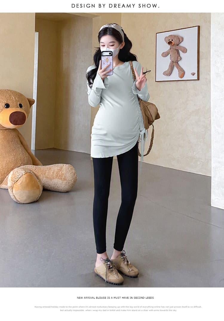 지금 실사 가을 새로운 높은 탄력성 슬림해 보이는 밑단 펌프 로프 다용도 티셔츠 임산부 기본 셔츠 상세 이미지 28