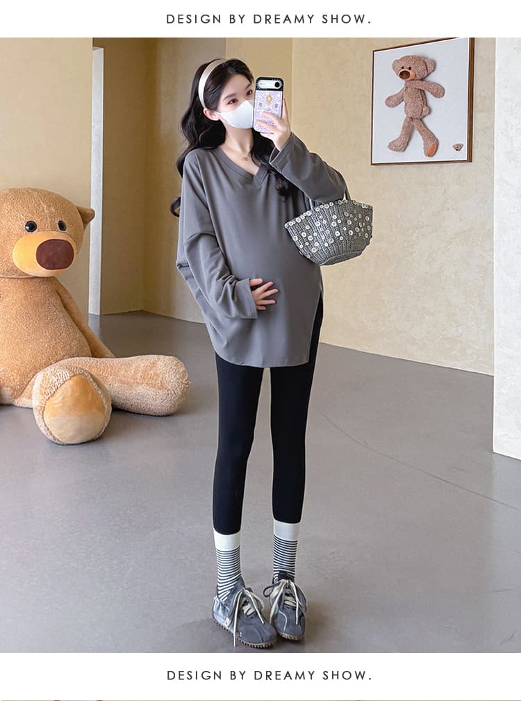 지금 실사 가을 새로운 루즈핏 불규칙 트임 중간 길이 신축성 임산부 기본 셔츠 상세 이미지 18