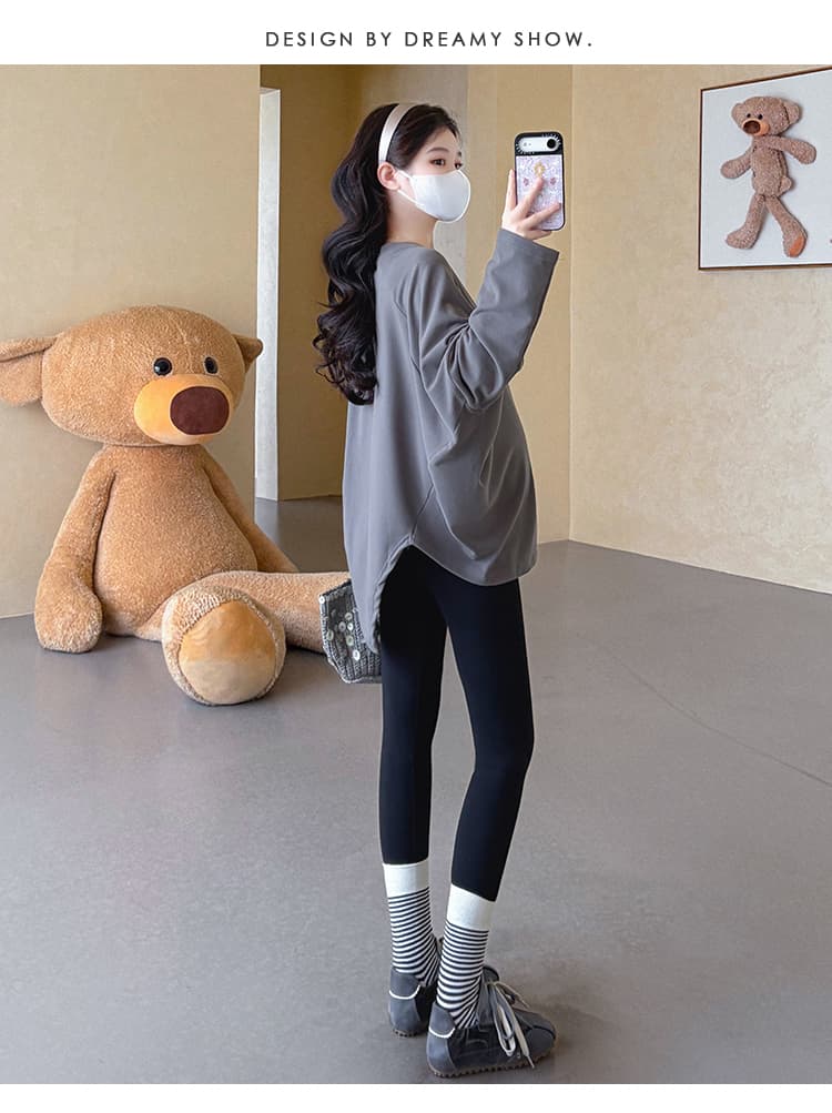 지금 실사 가을 새로운 루즈핏 불규칙 트임 중간 길이 신축성 임산부 기본 셔츠 상세 이미지 26