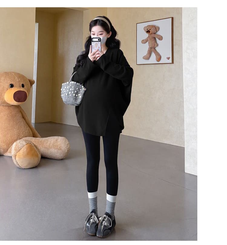 지금 실사 가을 새로운 루즈핏 불규칙 트임 중간 길이 신축성 임산부 기본 셔츠 상세 이미지 29