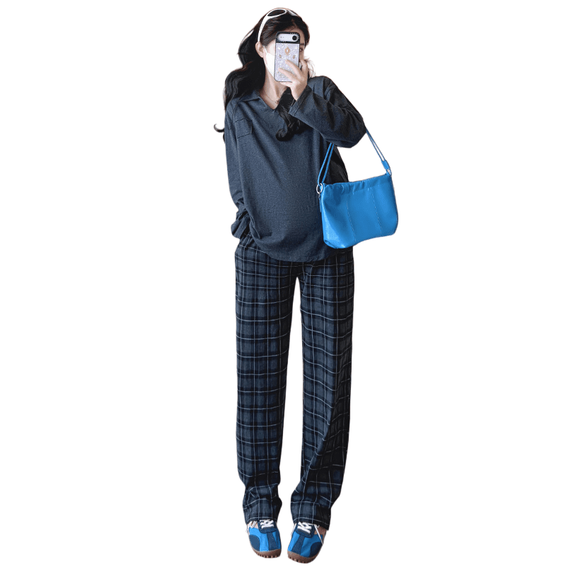 지금 실사 가을 새로운 한국 스타일 루즈핏 표지 배 폴로 칼라 느긋한 임산부 세트 이미지 6