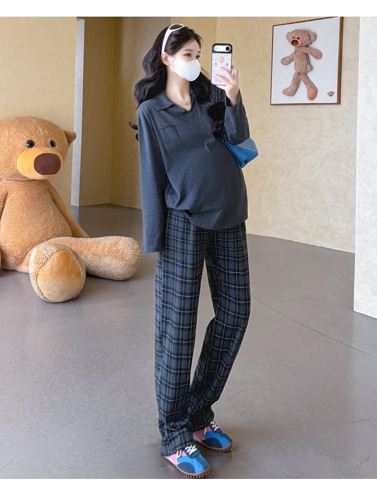 지금 실사 가을 새로운 한국 스타일 루즈핏 표지 배 폴로 칼라 느긋한 임산부 세트 상세 이미지 15