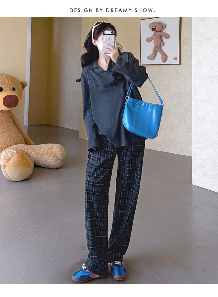 지금 실사 가을 새로운 한국 스타일 루즈핏 표지 배 폴로 칼라 느긋한 임산부 세트 상세 이미지 24