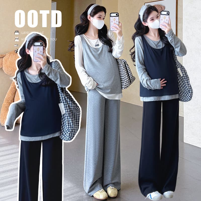 지금 실사 가을 새로운 한 부서 루즈핏 느긋한 캐주얼 페이크 레이어드 맨위 스트레이트 팬츠 임산부 세트 이미지 3