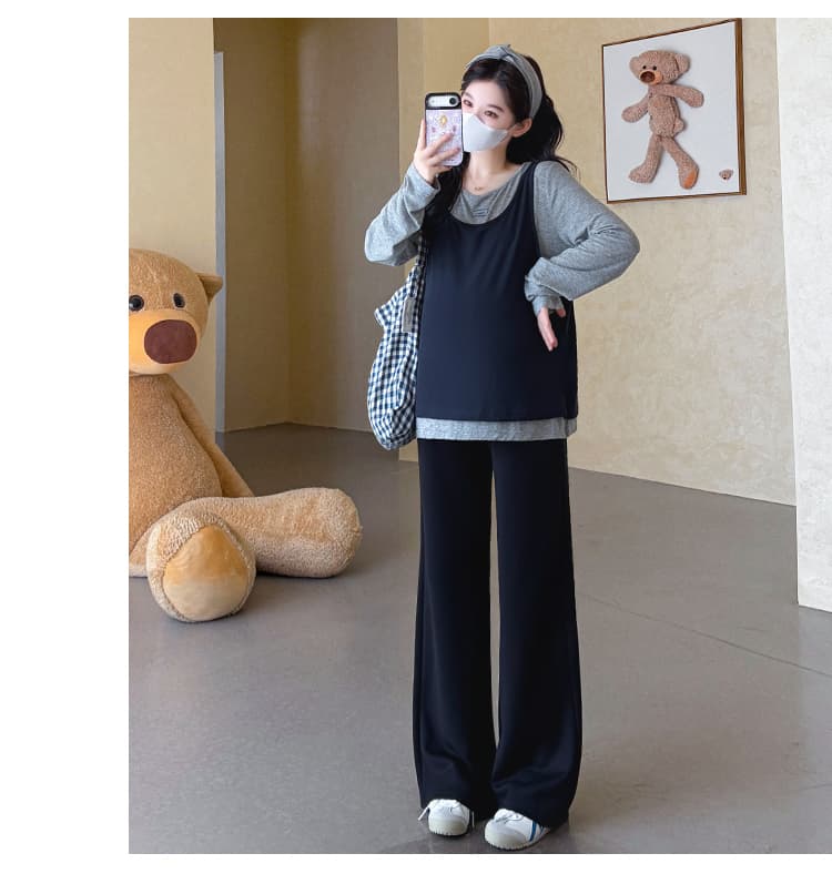 지금 실사 가을 새로운 한 부서 루즈핏 느긋한 캐주얼 페이크 레이어드 맨위 스트레이트 팬츠 임산부 세트 상세 이미지 30
