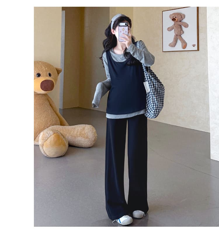 지금 실사 가을 새로운 한 부서 루즈핏 느긋한 캐주얼 페이크 레이어드 맨위 스트레이트 팬츠 임산부 세트 상세 이미지 36