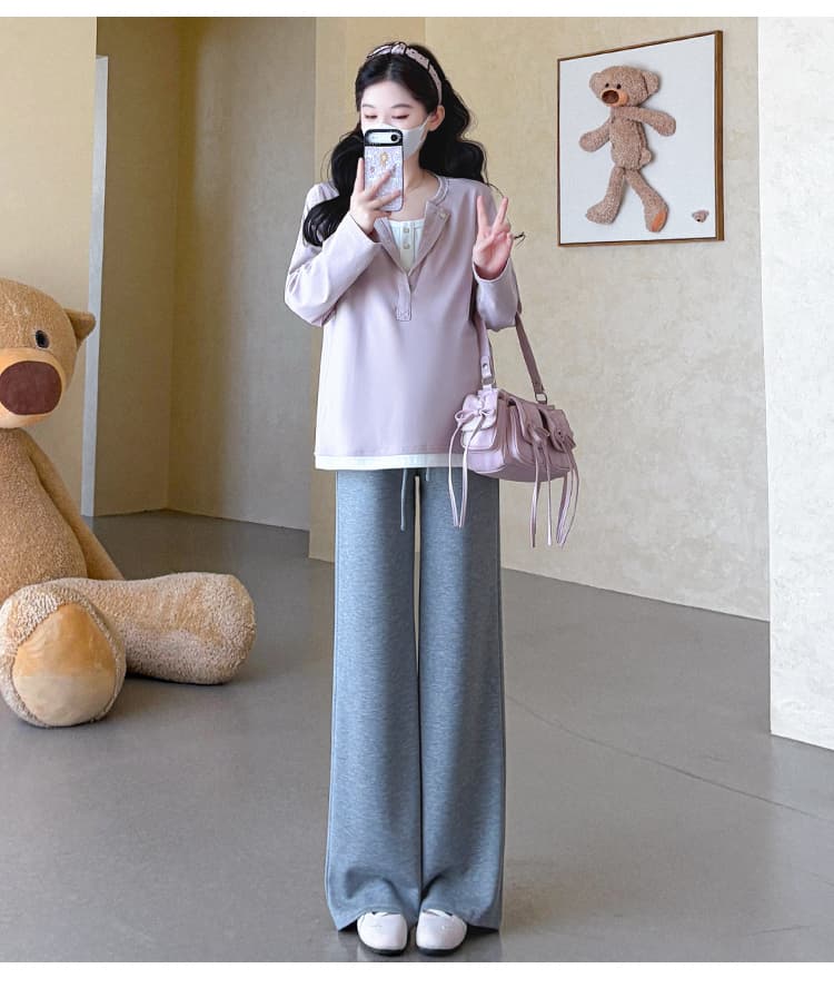 지금 실사 가을 새로운 한 부서 루즈핏 캐주얼 패치워크 페이크 레이어드 맨위 스트레이트 팬츠 임산부 세트 상세 이미지 14