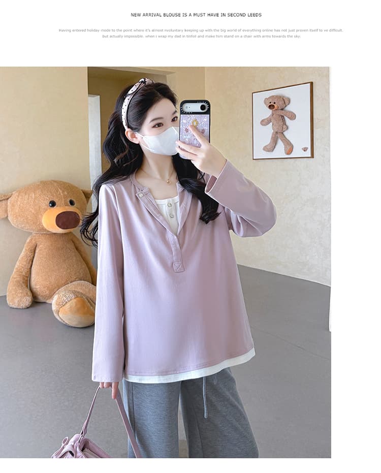 지금 실사 가을 새로운 한 부서 루즈핏 캐주얼 패치워크 페이크 레이어드 맨위 스트레이트 팬츠 임산부 세트 상세 이미지 21
