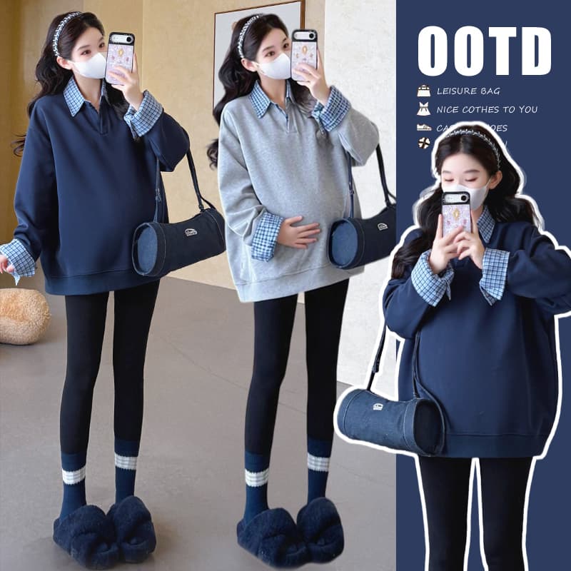 지금 실사 가을 새로운 한 부서 루즈핏 표지 배 패치워크 페이크 레이어드 다용도 임산부 후드티 이미지 2