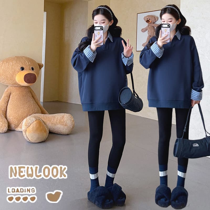 지금 실사 가을 새로운 한 부서 루즈핏 표지 배 패치워크 페이크 레이어드 다용도 임산부 후드티 이미지 3