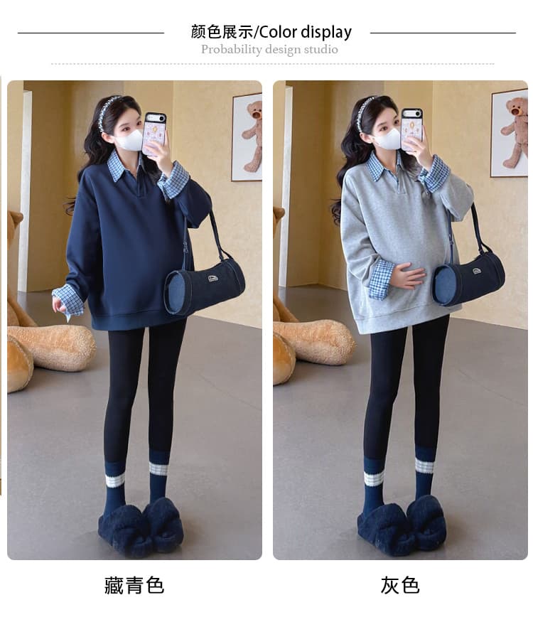 지금 실사 가을 새로운 한 부서 루즈핏 표지 배 패치워크 페이크 레이어드 다용도 임산부 후드티 상세 이미지 8