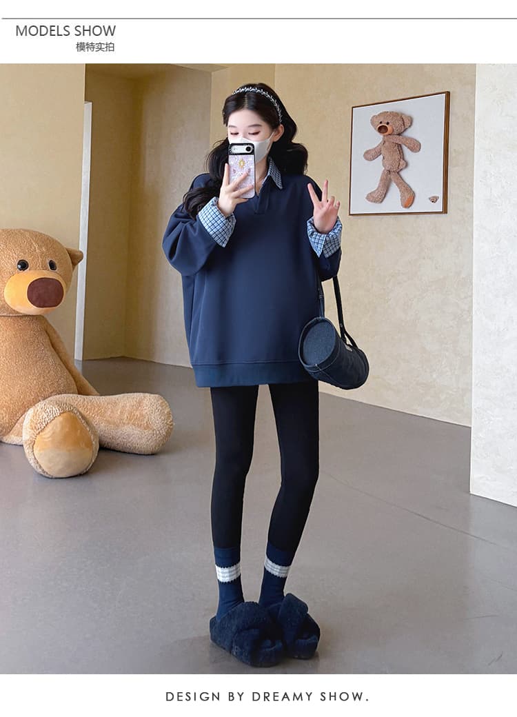 지금 실사 가을 새로운 한 부서 루즈핏 표지 배 패치워크 페이크 레이어드 다용도 임산부 후드티 상세 이미지 9