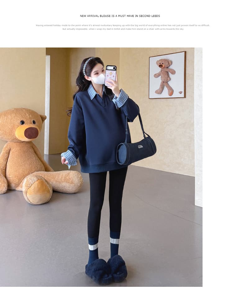 지금 실사 가을 새로운 한 부서 루즈핏 표지 배 패치워크 페이크 레이어드 다용도 임산부 후드티 상세 이미지 12