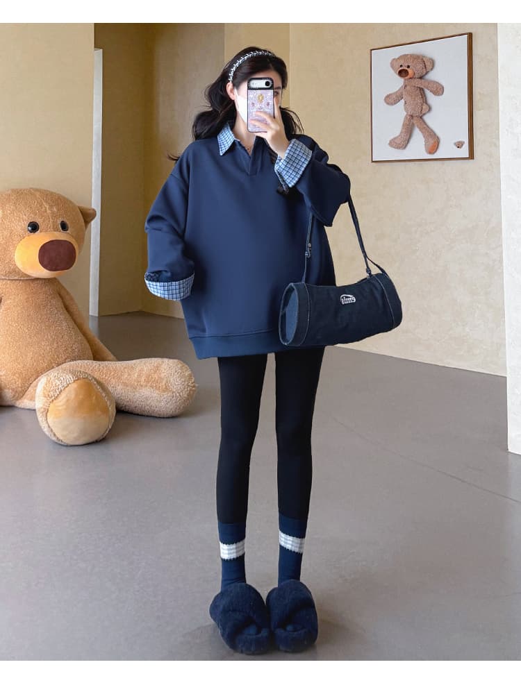 지금 실사 가을 새로운 한 부서 루즈핏 표지 배 패치워크 페이크 레이어드 다용도 임산부 후드티 상세 이미지 14