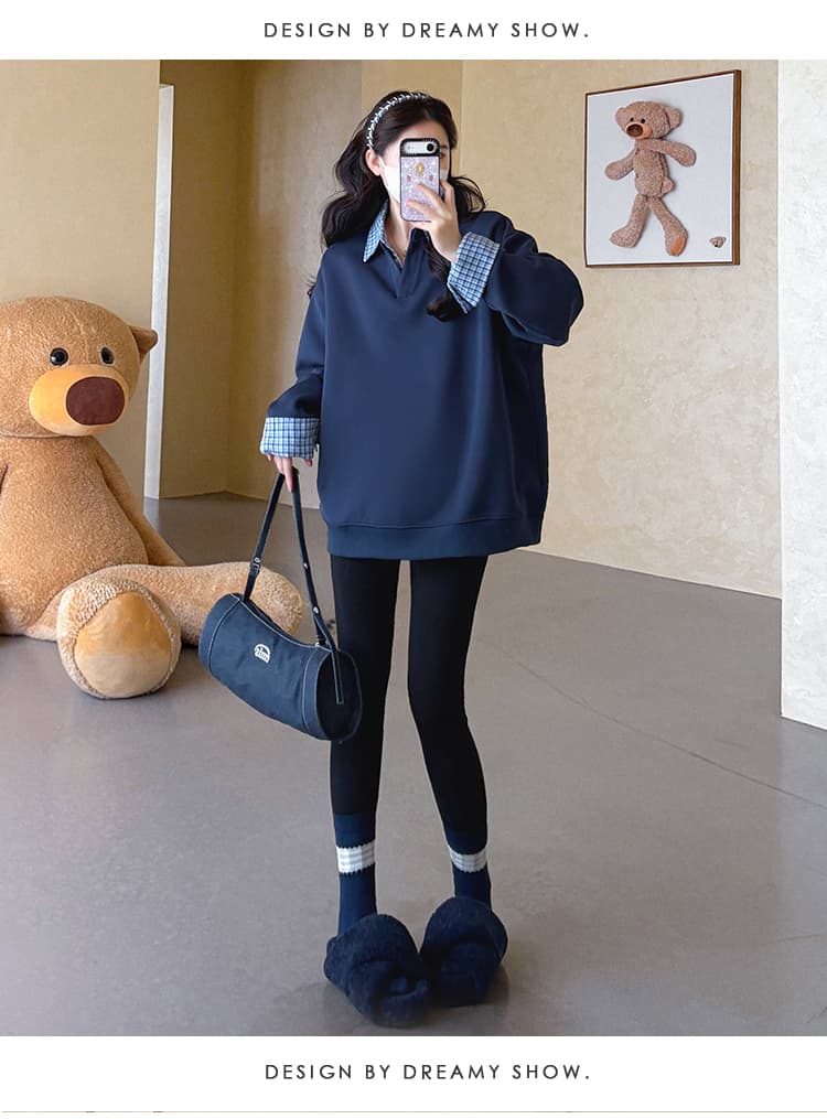 지금 실사 가을 새로운 한 부서 루즈핏 표지 배 패치워크 페이크 레이어드 다용도 임산부 후드티 상세 이미지 15