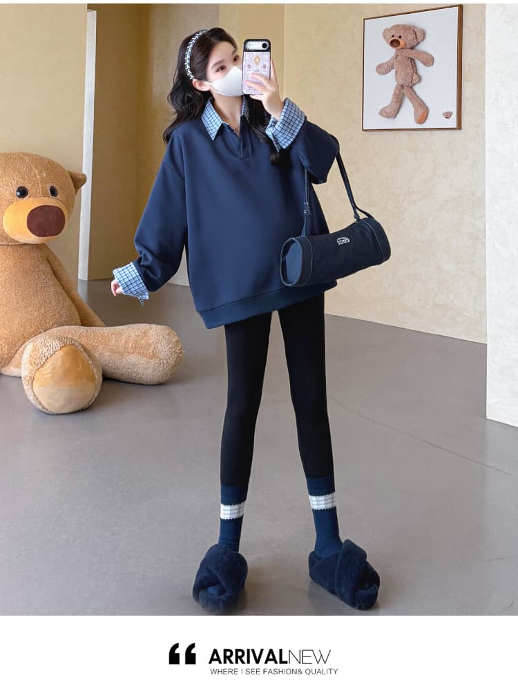 지금 실사 가을 새로운 한 부서 루즈핏 표지 배 패치워크 페이크 레이어드 다용도 임산부 후드티 상세 이미지 16