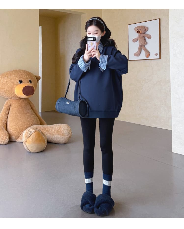 지금 실사 가을 새로운 한 부서 루즈핏 표지 배 패치워크 페이크 레이어드 다용도 임산부 후드티 상세 이미지 17
