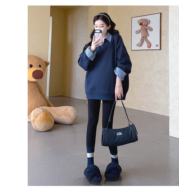 지금 실사 가을 새로운 한 부서 루즈핏 표지 배 패치워크 페이크 레이어드 다용도 임산부 후드티 상세 이미지 19