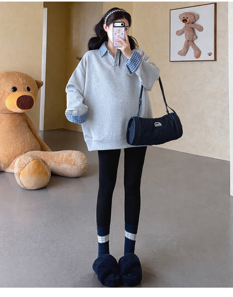 지금 실사 가을 새로운 한 부서 루즈핏 표지 배 패치워크 페이크 레이어드 다용도 임산부 후드티 상세 이미지 24