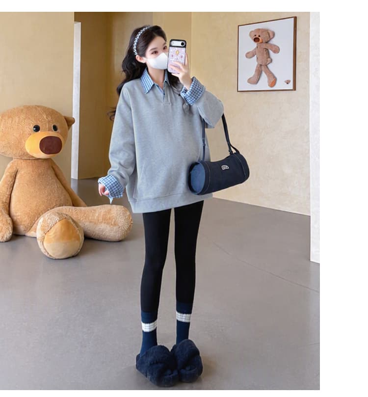 지금 실사 가을 새로운 한 부서 루즈핏 표지 배 패치워크 페이크 레이어드 다용도 임산부 후드티 상세 이미지 25