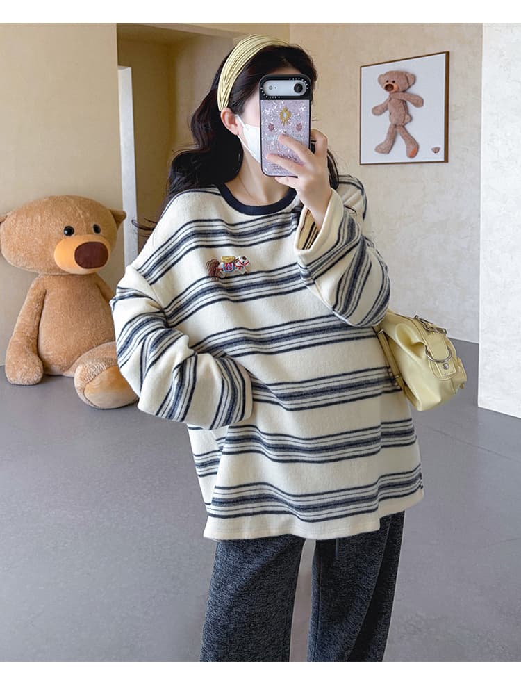 지금 실사 가을 겨울 새로운 한 부서 루즈핏 연삭 털 두꺼운 스트라이프 중간 길이 임산부 세트 상세 이미지 16