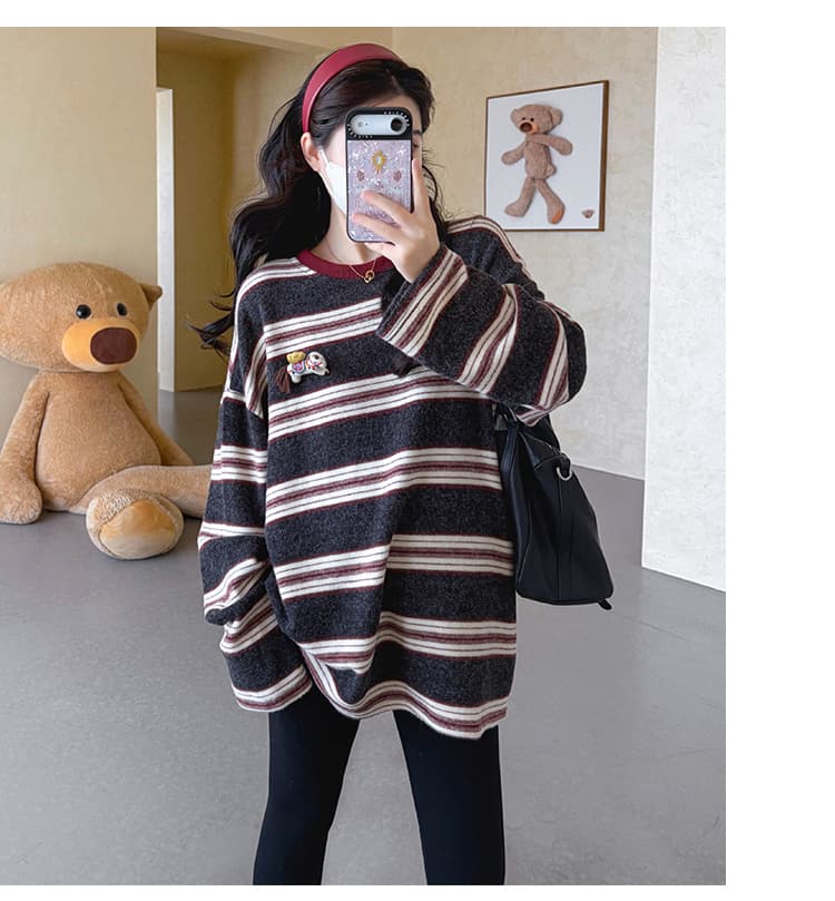 지금 실사 가을 겨울 새로운 한 부서 루즈핏 연삭 털 두꺼운 스트라이프 중간 길이 임산부 세트 상세 이미지 28