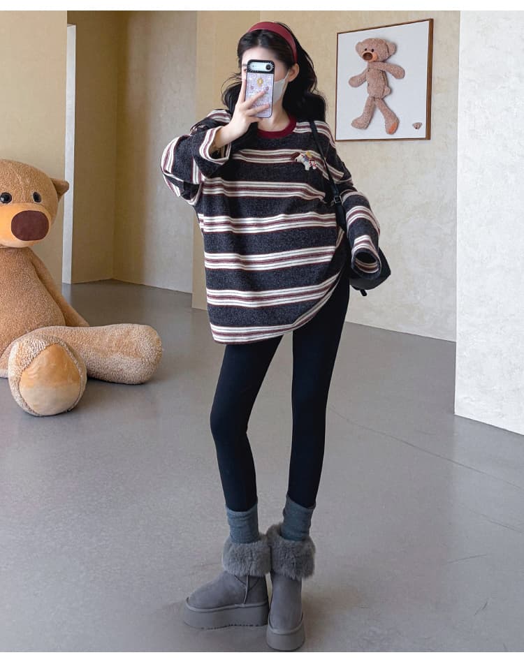 지금 실사 가을 겨울 새로운 한 부서 루즈핏 연삭 털 두꺼운 스트라이프 중간 길이 임산부 세트 상세 이미지 30