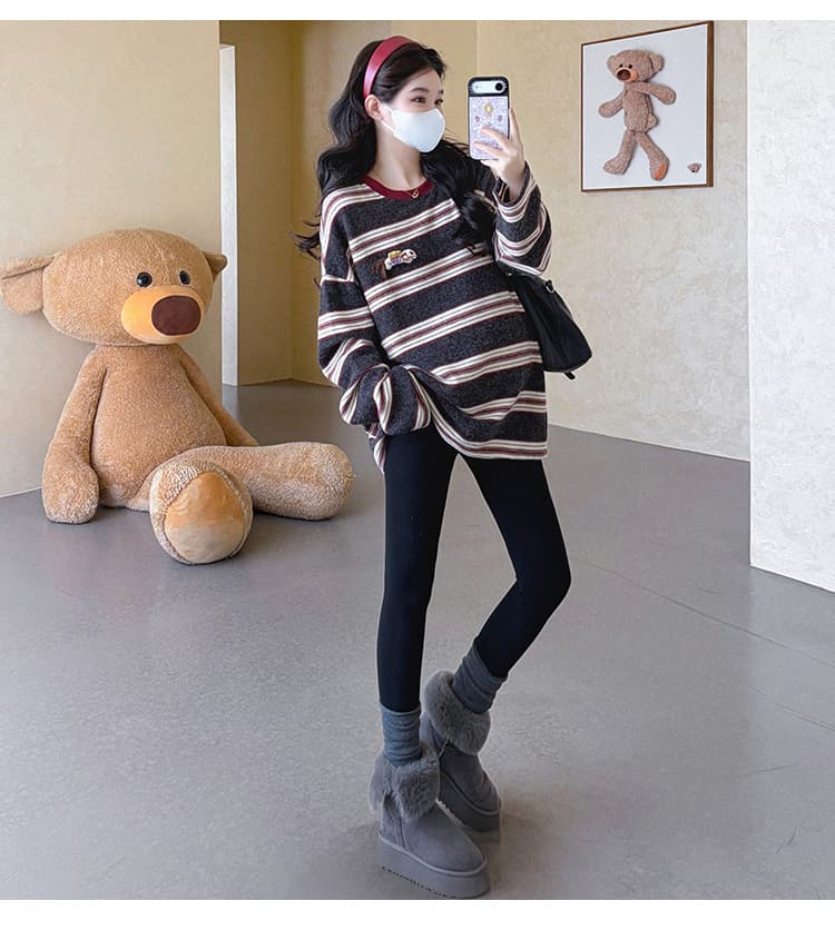 지금 실사 가을 겨울 새로운 한 부서 루즈핏 연삭 털 두꺼운 스트라이프 중간 길이 임산부 세트 상세 이미지 33