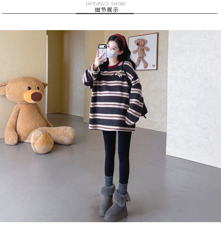 지금 실사 가을 겨울 새로운 한 부서 루즈핏 연삭 털 두꺼운 스트라이프 중간 길이 임산부 세트 상세 이미지 34