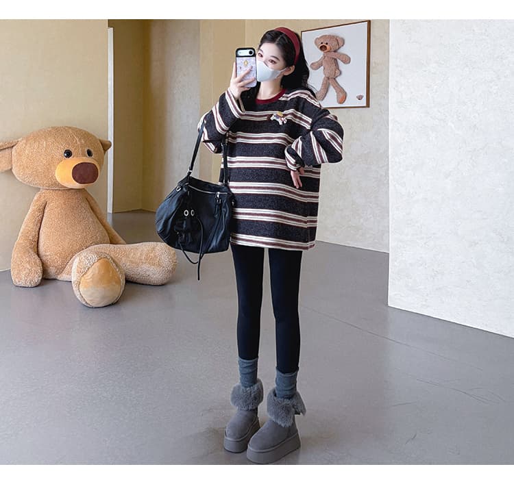 지금 실사 가을 겨울 새로운 한 부서 루즈핏 연삭 털 두꺼운 스트라이프 중간 길이 임산부 세트 상세 이미지 37