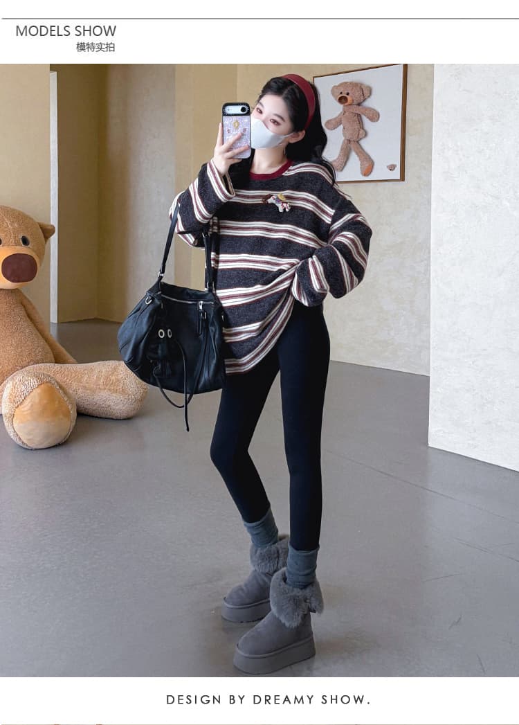 지금 실사 가을 겨울 새로운 한 부서 루즈핏 연삭 털 두꺼운 스트라이프 중간 길이 임산부 세트 상세 이미지 41