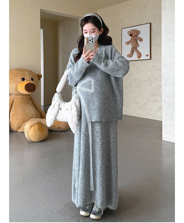 실사 가을 2026 고급 센스 착용 가져 가라. 니트 나비 매듭 반신 치마 세트 상세 이미지 7
