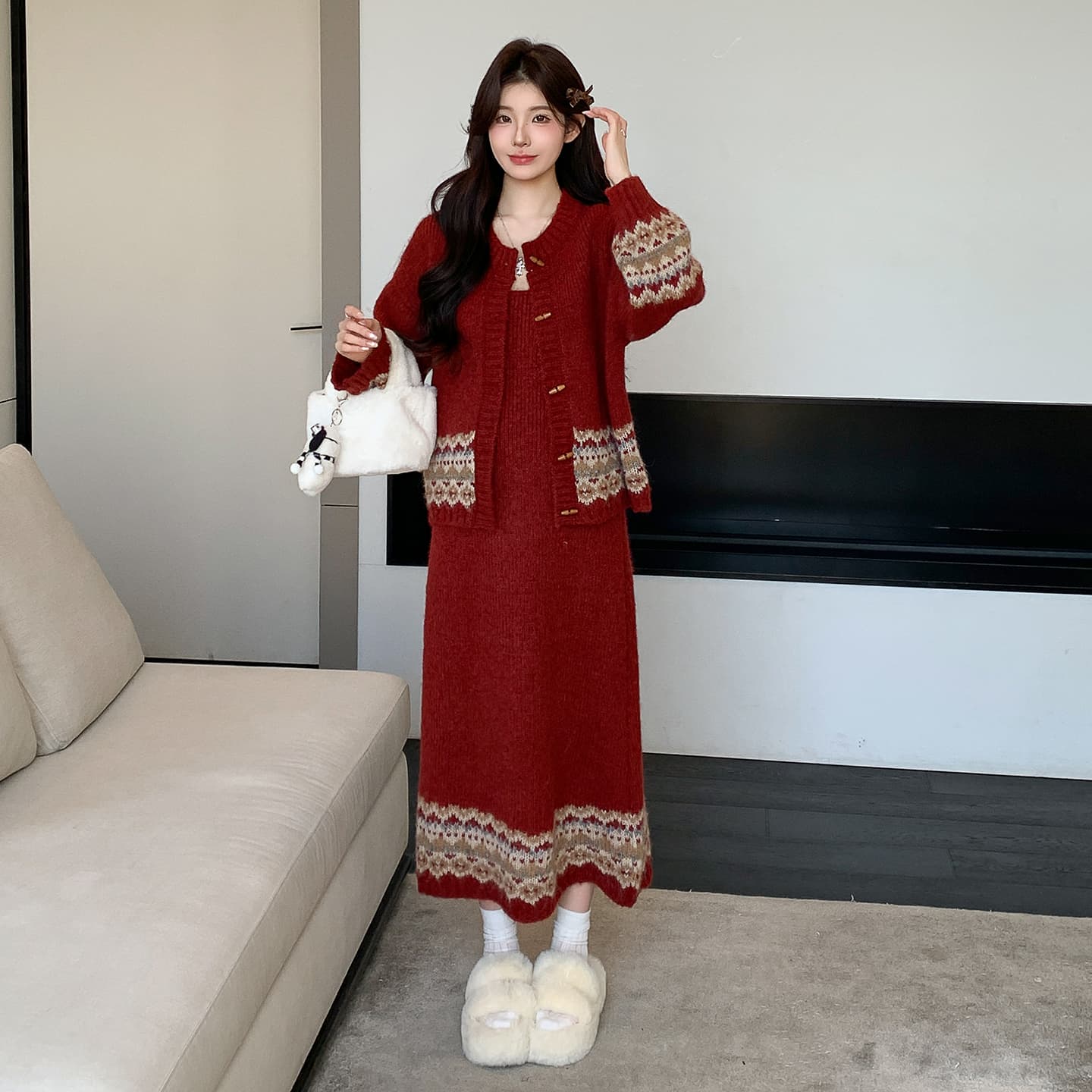 실사 가을 한국 스타일 디자인 소뿔 버클 카디건 코트 조끼 니트 세트 이미지 5
