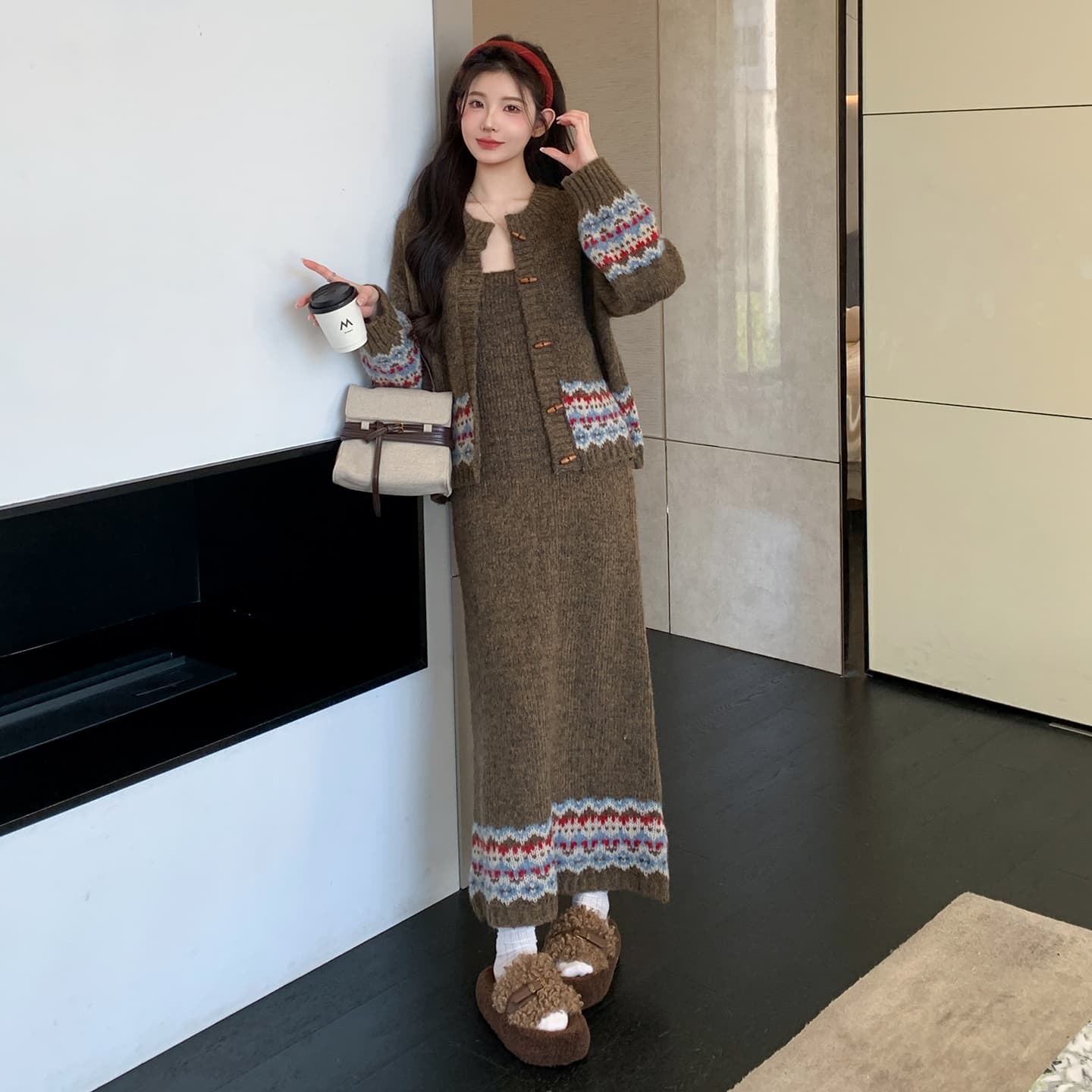 실사 가을 한국 스타일 디자인 소뿔 버클 카디건 코트 조끼 니트 세트 이미지 4