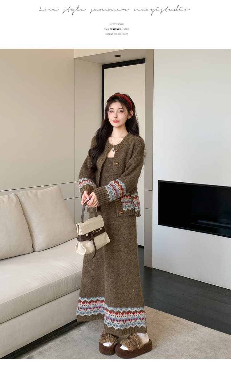 실사 가을 한국 스타일 디자인 소뿔 버클 카디건 코트 조끼 니트 세트 상세 이미지 14