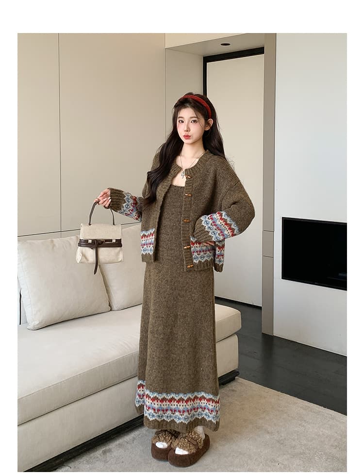 실사 가을 한국 스타일 디자인 소뿔 버클 카디건 코트 조끼 니트 세트 상세 이미지 15