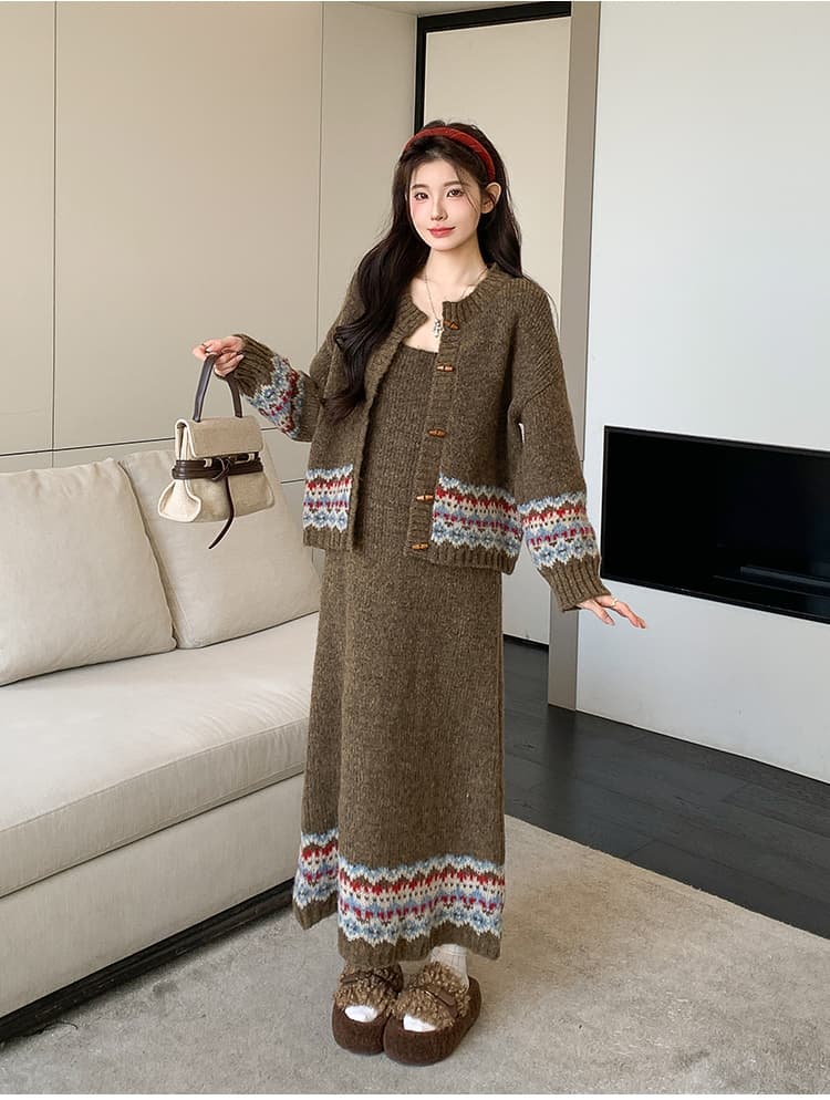 실사 가을 한국 스타일 디자인 소뿔 버클 카디건 코트 조끼 니트 세트 상세 이미지 19