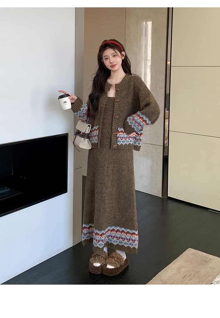 실사 가을 한국 스타일 디자인 소뿔 버클 카디건 코트 조끼 니트 세트 상세 이미지 23