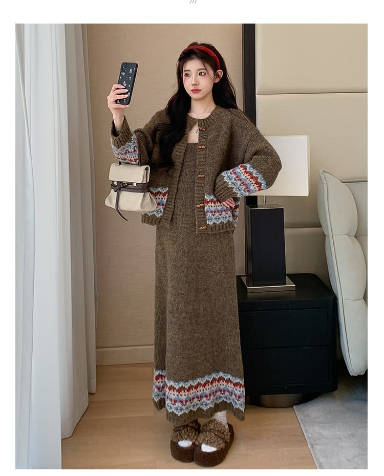 실사 가을 한국 스타일 디자인 소뿔 버클 카디건 코트 조끼 니트 세트 상세 이미지 25