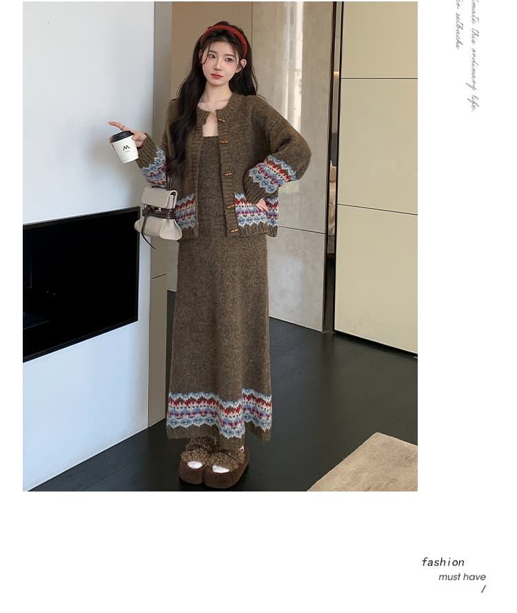 실사 가을 한국 스타일 디자인 소뿔 버클 카디건 코트 조끼 니트 세트 상세 이미지 28