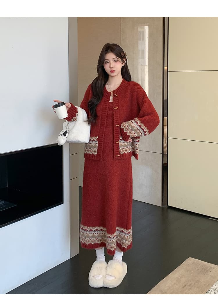 실사 가을 한국 스타일 디자인 소뿔 버클 카디건 코트 조끼 니트 세트 상세 이미지 39