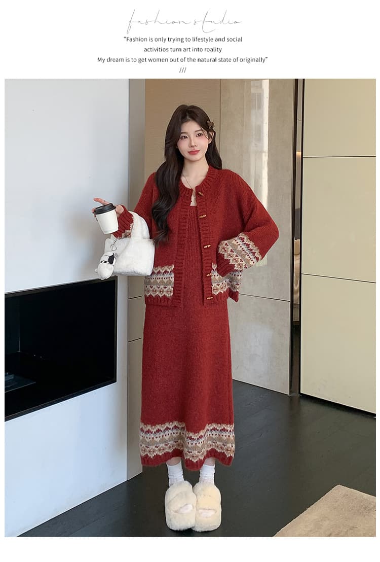 실사 가을 한국 스타일 디자인 소뿔 버클 카디건 코트 조끼 니트 세트 상세 이미지 41