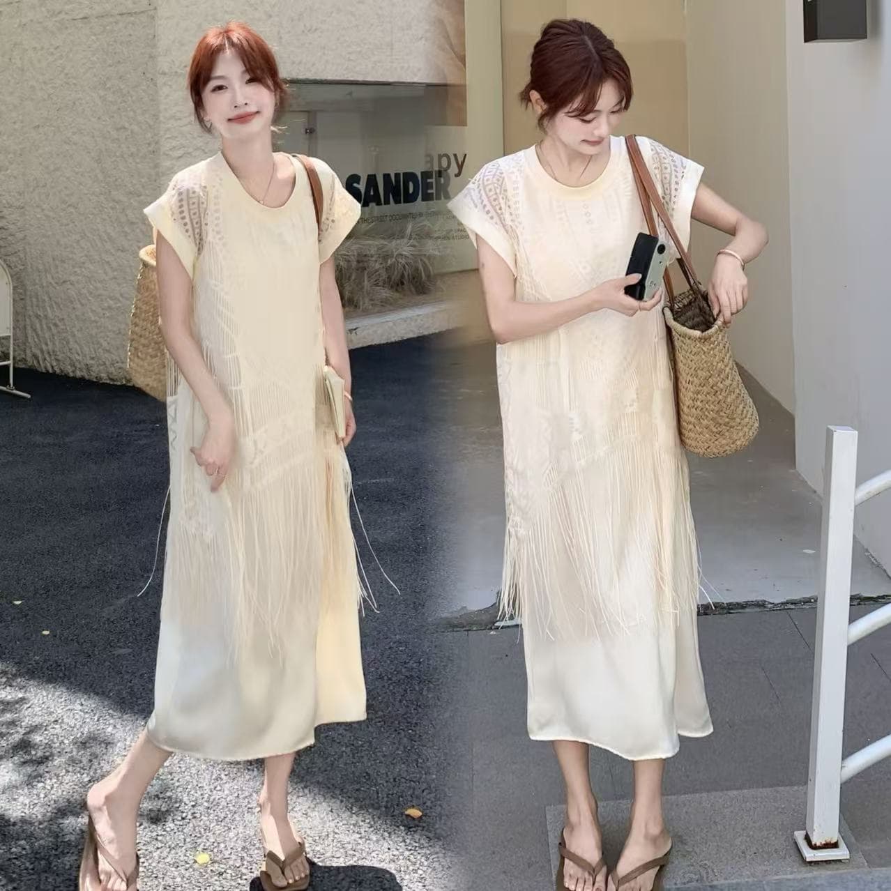지금 2026 새로운 매운맛 엄마 디자인 센스 패치워크 술 잘 생긴 루즈핏 슬림해 보이는 임산부 수유기 드레스 상세 이미지 4