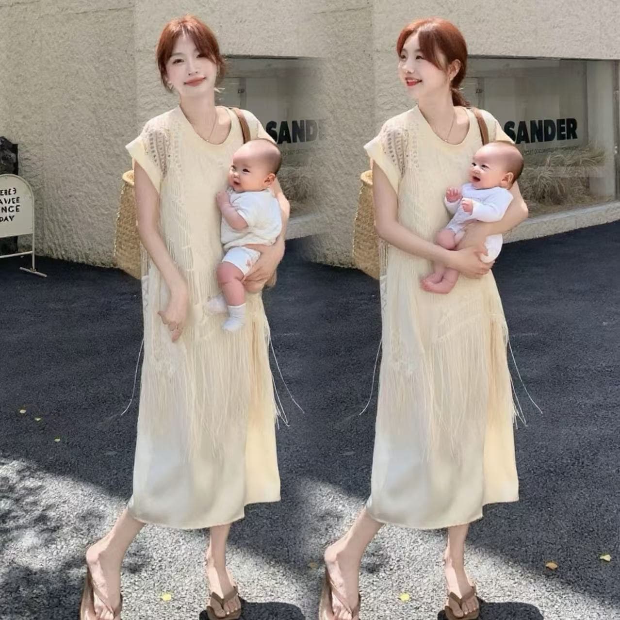 지금 2026 새로운 매운맛 엄마 디자인 센스 패치워크 술 잘 생긴 루즈핏 슬림해 보이는 임산부 수유기 드레스 상세 이미지 2
