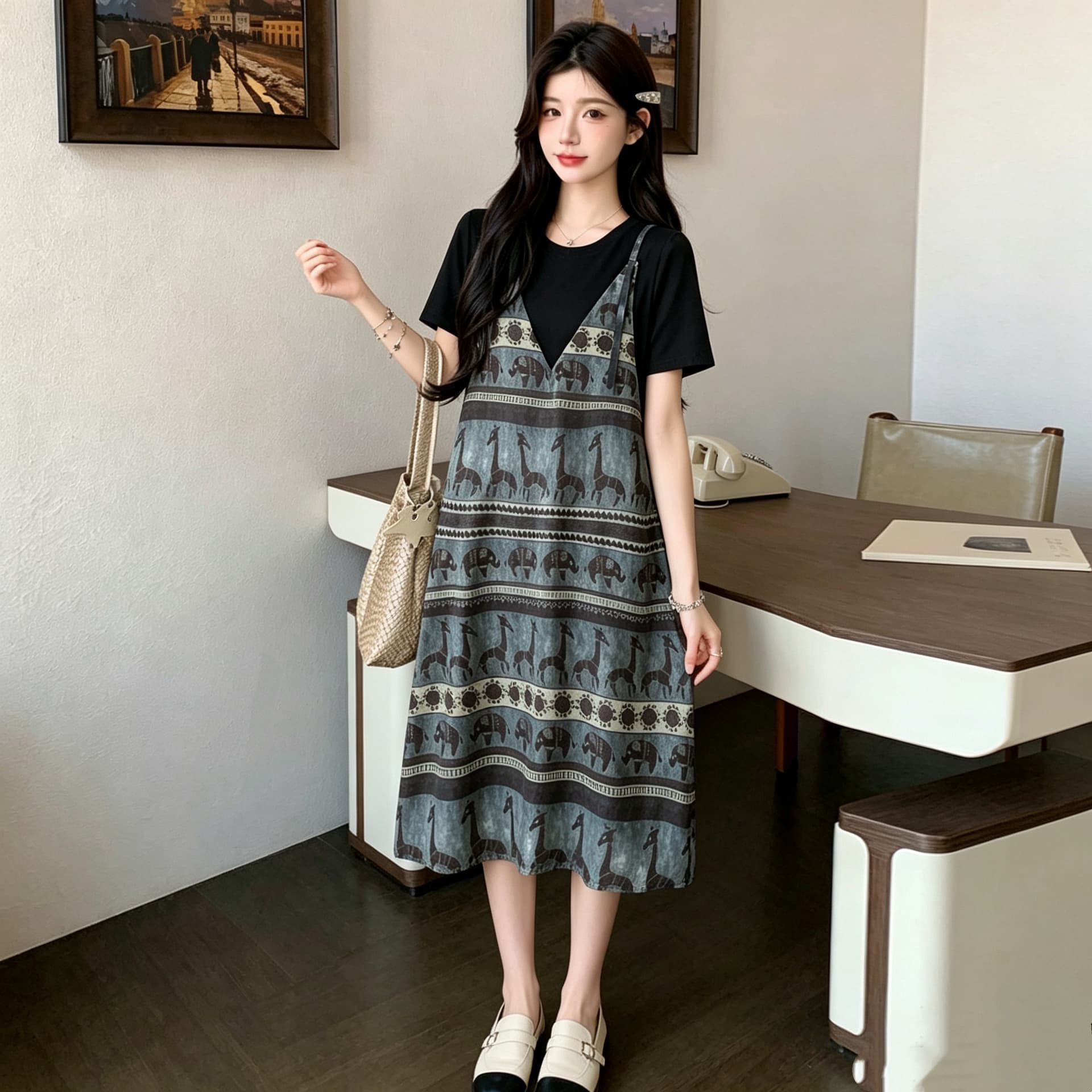 지금 2026 새로운 여름 패션 패치워크 페이크 레이어드 임산부 수유 나가라. 중간 길이 드레스 이미지 5